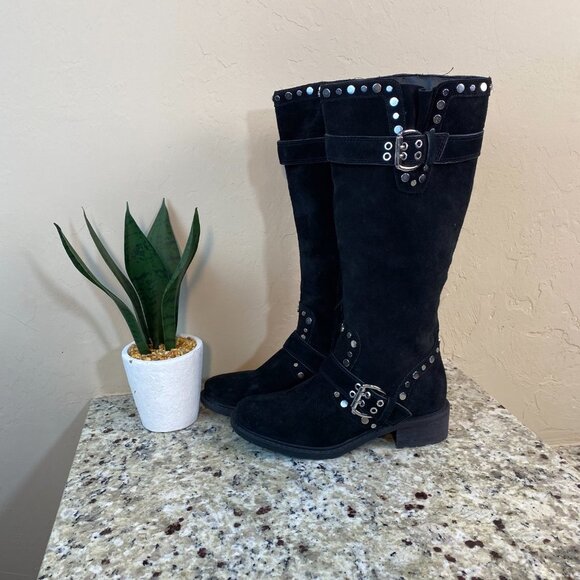 SAM EDELMAN BLACK SUEDE STUDDED TALL BOOTS - Picture 3 of 5